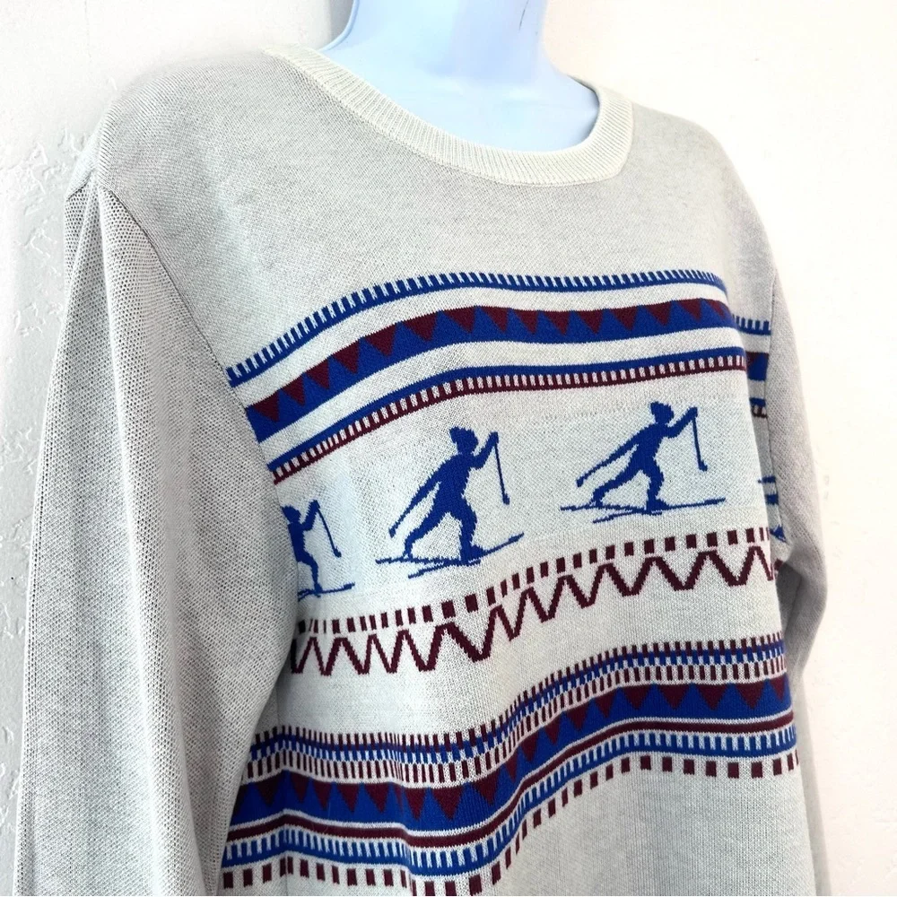 Kavu Hillrose Women's White and Blue Retro Ski Patterned Sweater XL NWT